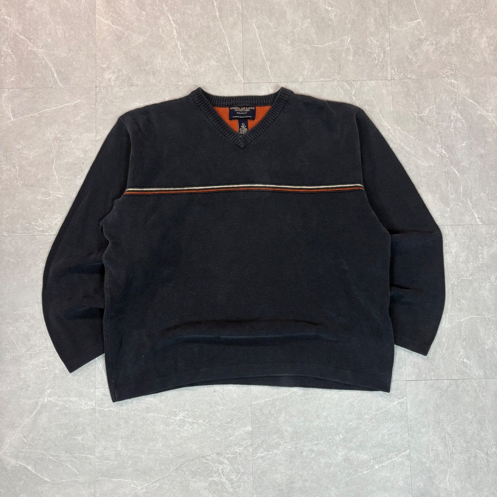 Vintage American Eagle Men L V-Neck Sweater Grey Orange Stripe Ramie Cotton 3341